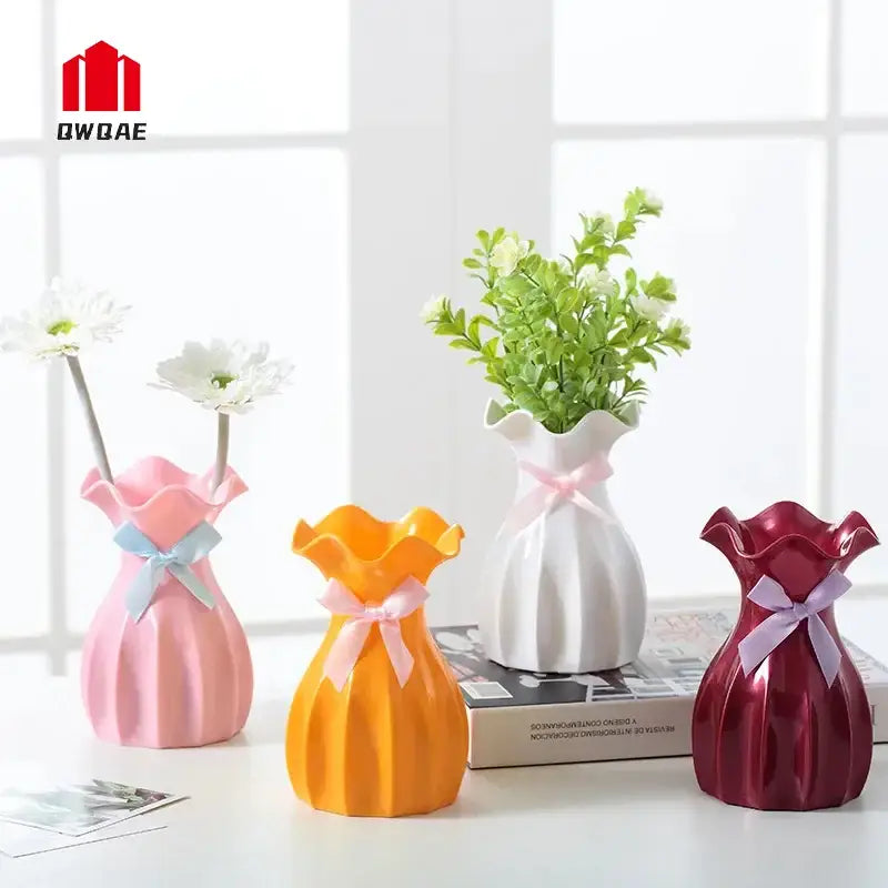Decorbites™ modern nordic ceramic vases in pastel pink orange white and deep red with ruffled tops for vase home decor