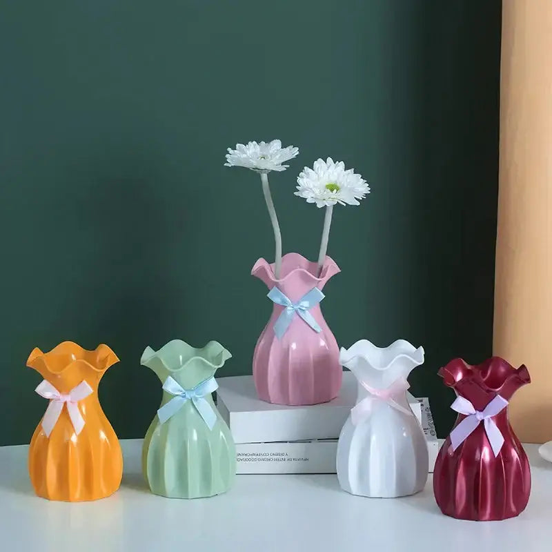 Pink ceramic vase home with ruffled rim and light blue ribbon bow modern nordic mini white flower vase decor