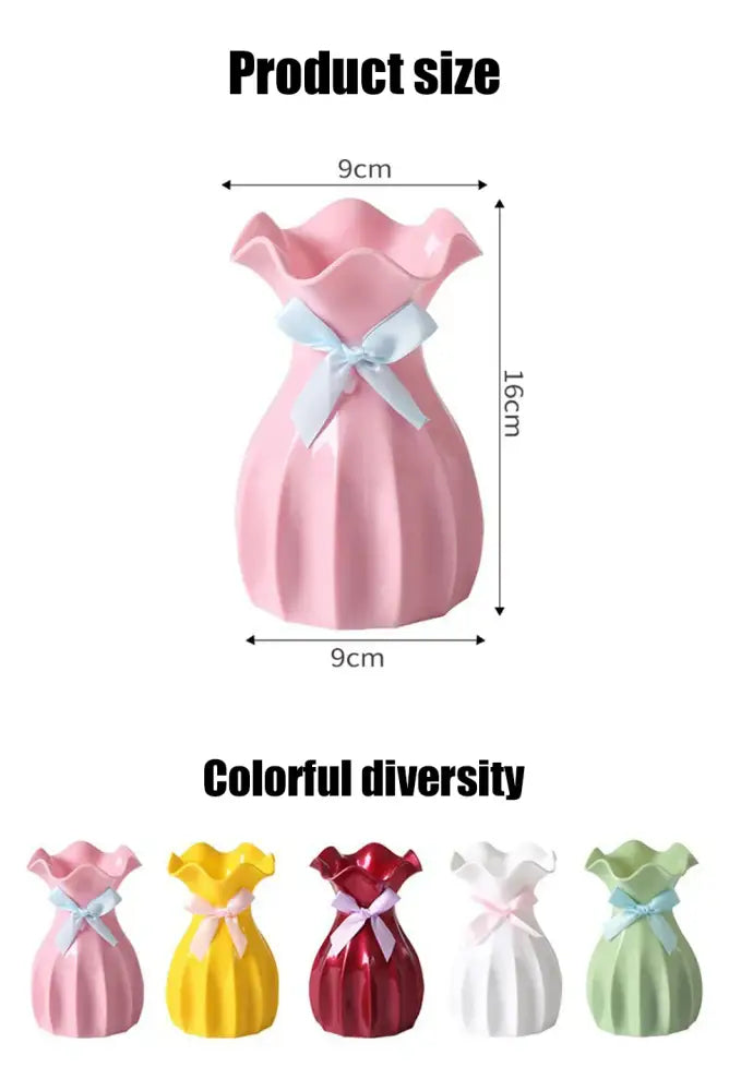 Decorbites modern nordic pink ceramic vase home with ruffled rim and light blue ribbon bow flower vase home