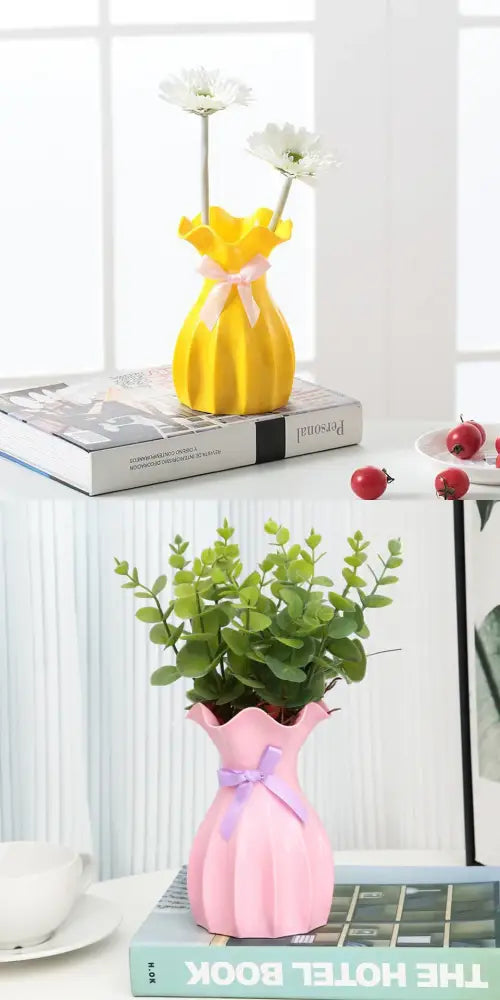 Decorbites™ modern nordic mini pink ribbed ceramic flower vase home with purple ribbon bow for home decor