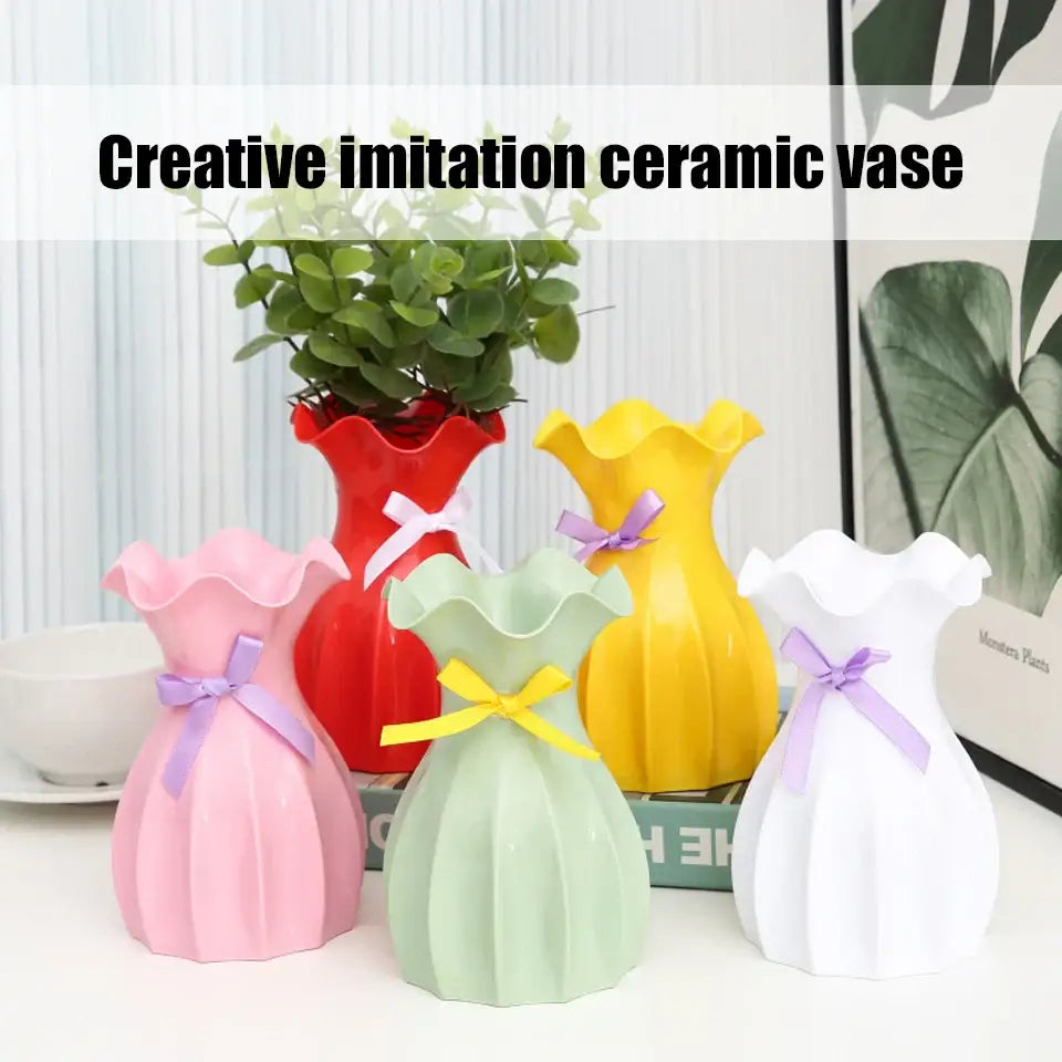 Set of colorful ceramic dress-shaped vases with ruffled tops and bows for modern Nordic flower vase home decor