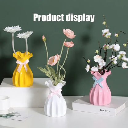 DecorBites™ modern nordic mini ceramic flower vase home set with yellow white and pink ruffled neck vases with ribbon bows