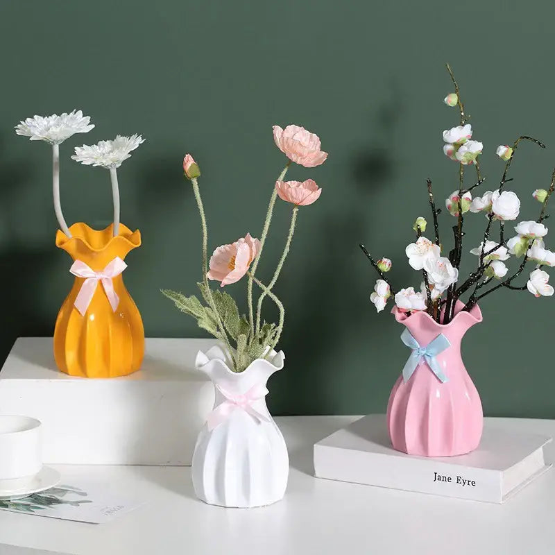 DecorBites™ modern nordic mini flower vases in ceramic yellow white and pink with ribbon bows for vase home decor