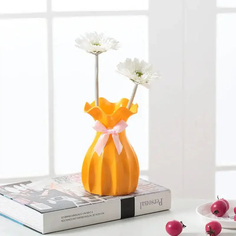 Decorbites™ modern nordic vibrant orange ceramic flower vase home with ruffled rim and pink ribbon bow decor