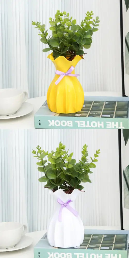 Decorbites modern nordic ceramic yellow and white vase home with ruffled tops and lavender ribbon bows flower vase home