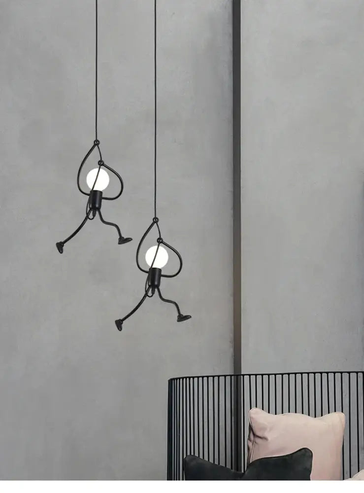 Black metal playful stick figure pendant light with glowing bulbs decorbites™ modern nordic pendant light for home decoration