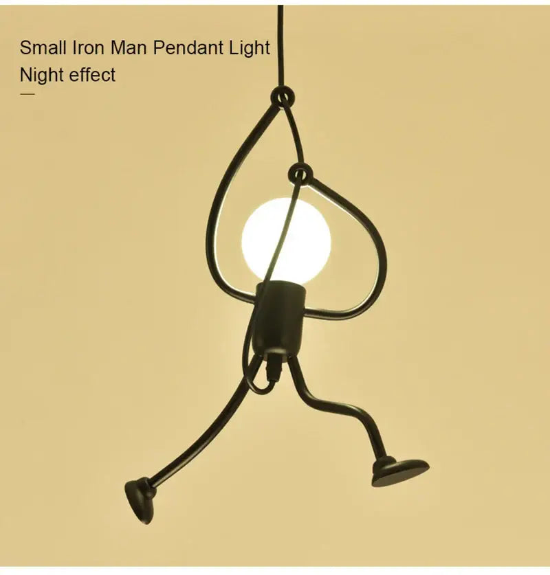 Black metal iron man pendant light with glowing bulb at center from DecorBites™ modern nordic pendant light collection