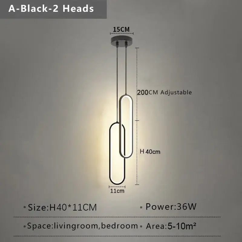 Black modern nordic pendant light with two interlocking oval led bulbs suspended by thin cords for home decoration