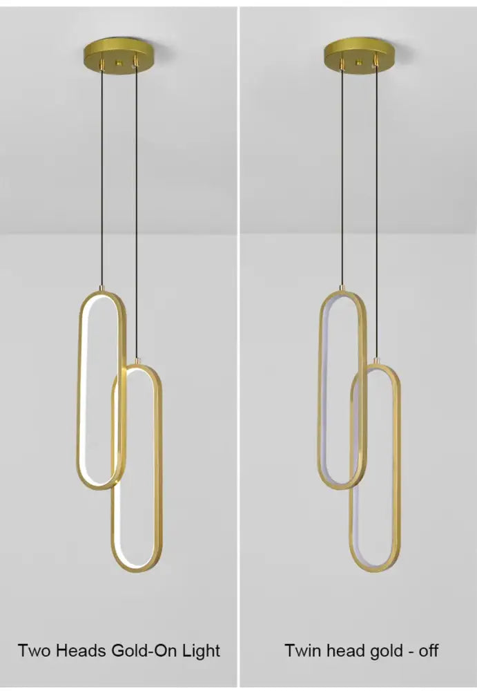 Decorbites modern nordic pendant light gold finished twin-head with sleek interlocking oval frames and black cords