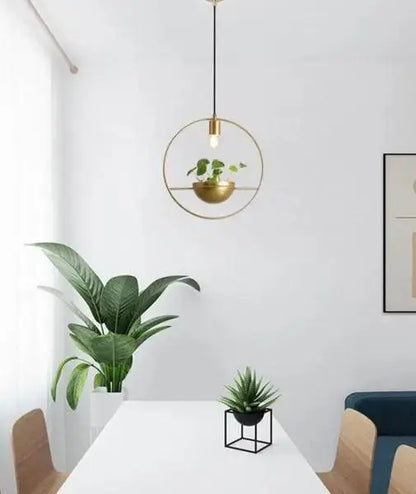 Decorbites™ modern nordic planter lighting is a brass circular pendant light with an integrated planter for small green succulents