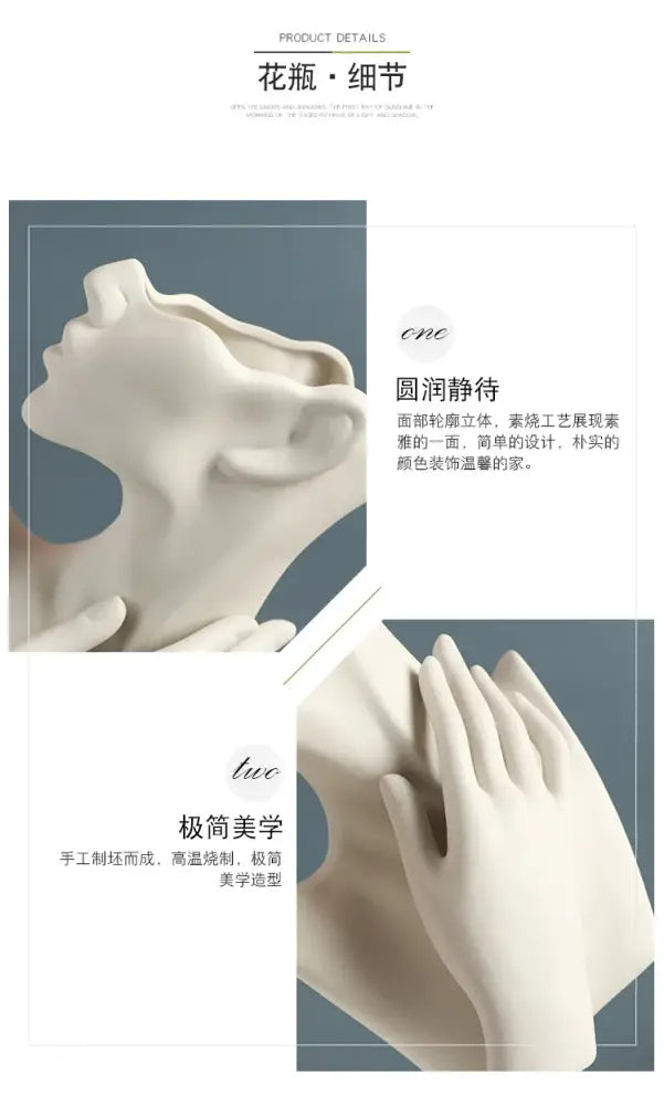 Off-white nordic style ceramic vase shaped like a serene human face with delicate sculpted features by DecorBites