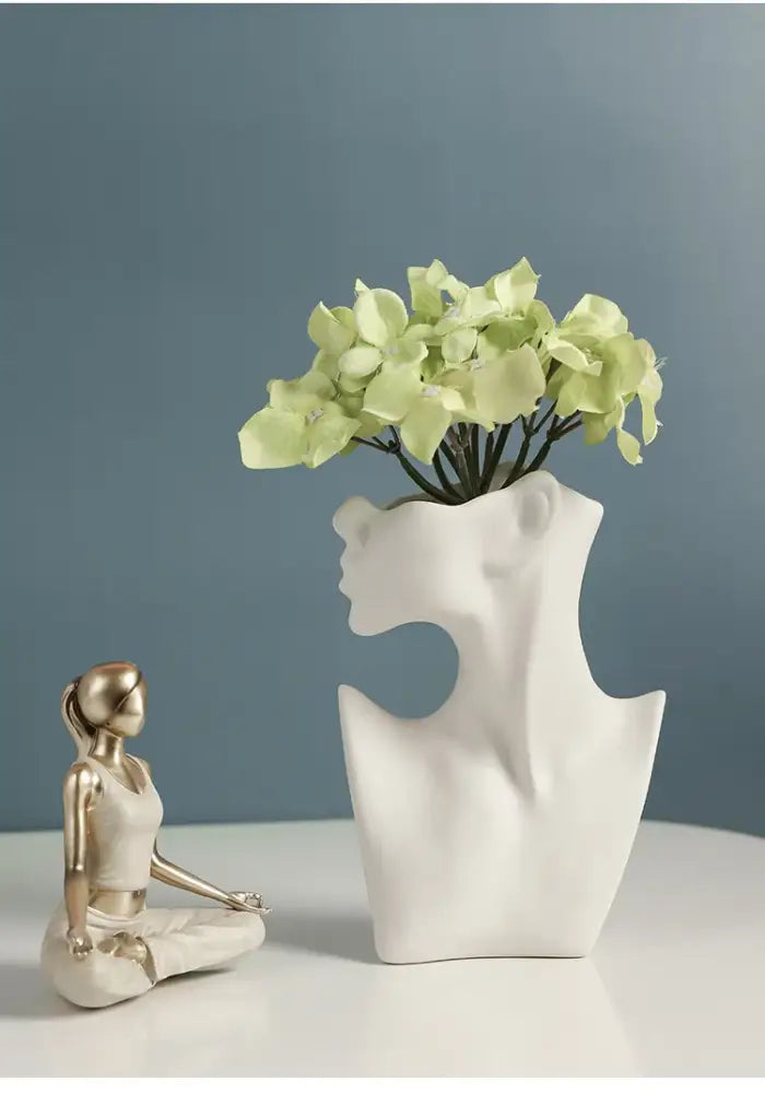 Decorbites™ modern nordic style ceramic body vase in white with light green hydrangeas in a nordic style ceramic silhouette