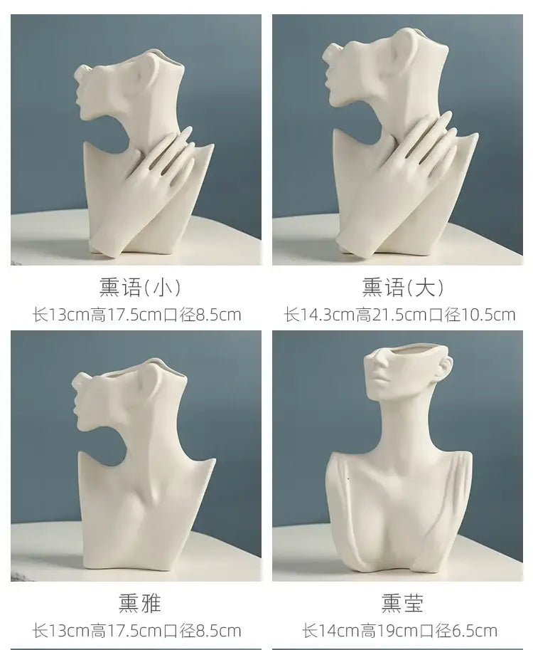 White ceramic vase shaped like a womans bust with sculpted hands in nordic style ceramic by DecorBites™