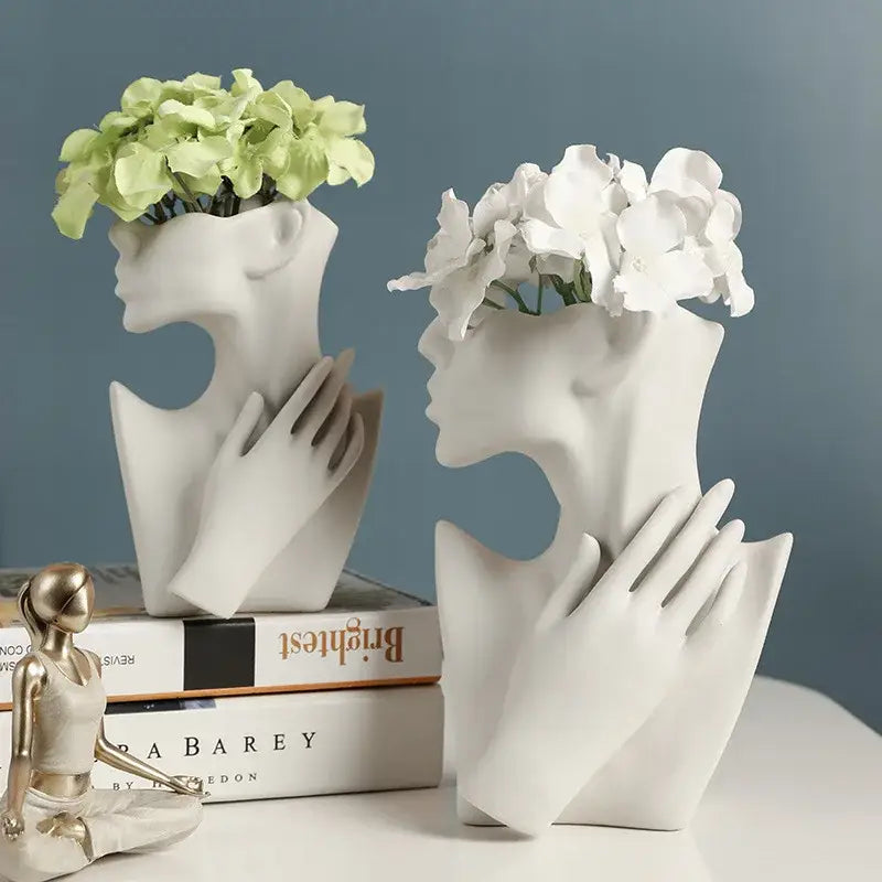 Decorbites™ modern nordic style ceramic body vase white stylized female busts with flowers in heads nordic style ceramic