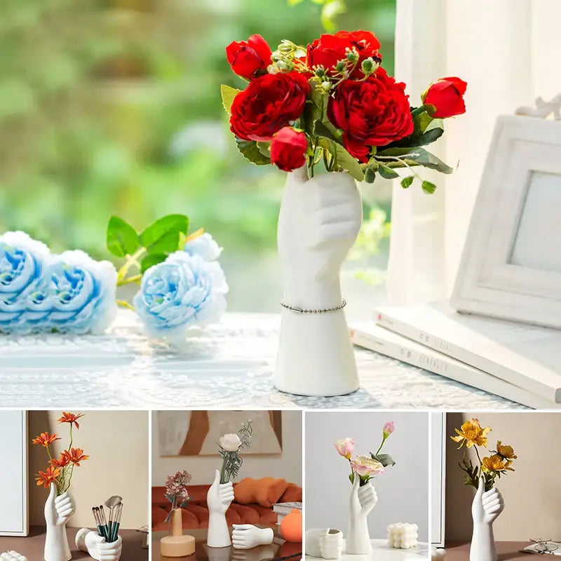 White ceramic hand vase by decorbites modern nordic style holding vibrant red roses for elegant decor