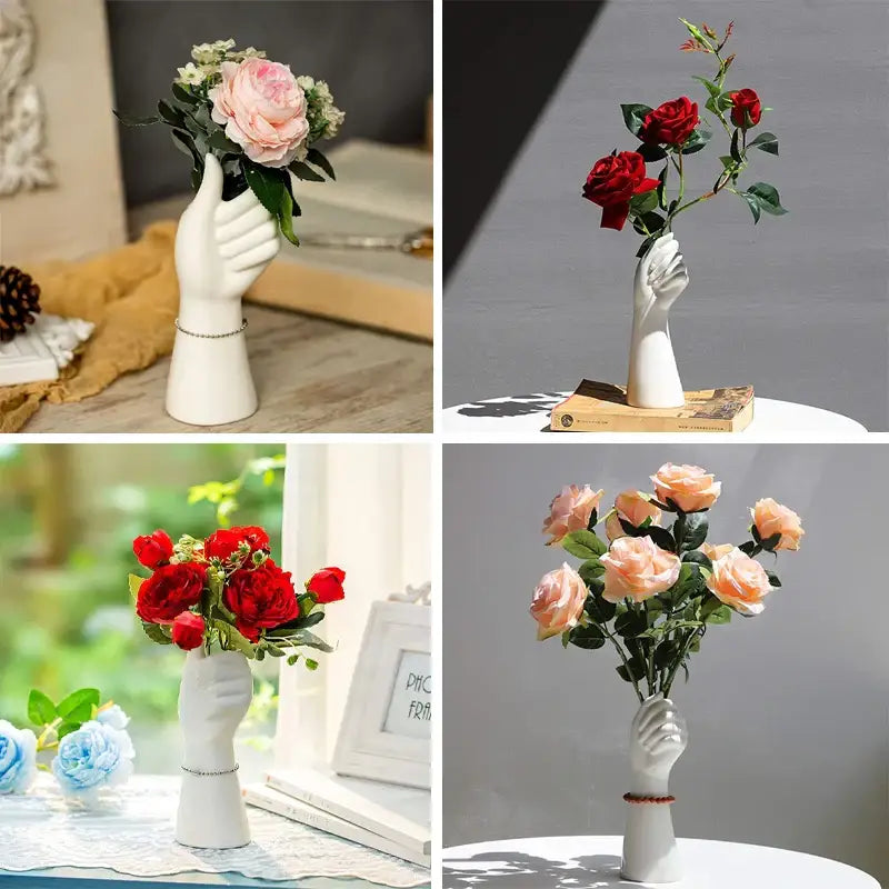 White ceramic hand vase shaped like a hand holding flowers in modern nordic style by decorbites