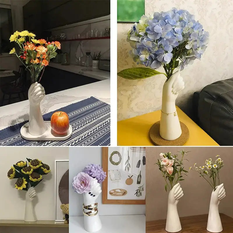White ceramic hand vase holding flowers in modern nordic style by decorbites™ for elegant home decor