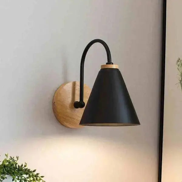 Black metal modern nordic wall lamp with wooden circular base and curved arm by DecorBites™ for stylish lighting
