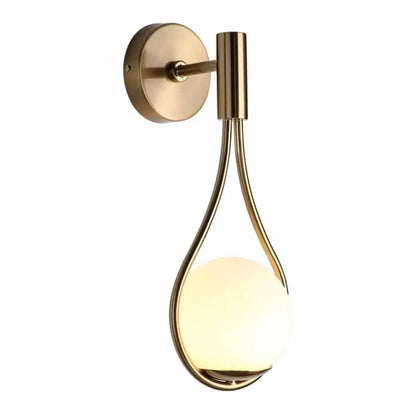 Brass-finished DecorBites modern Nordic livi wall lamp with teardrop metal frame and illuminated frosted glass globe