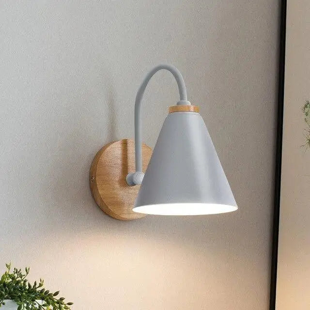 DecorBites™ modern nordic wall lamp with a gray conical metal shade wooden base and curved arm nordic wall lamp