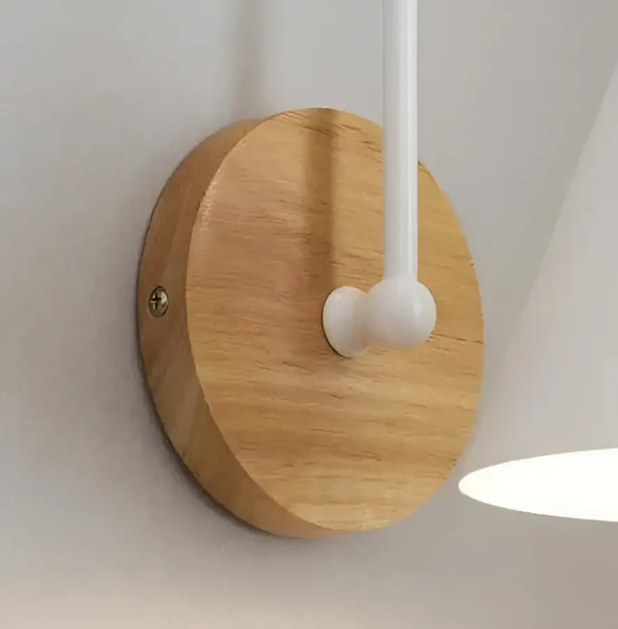 DecorBites™ modern nordic wall lamp with a round light wood base and sleek white stem minimalist design