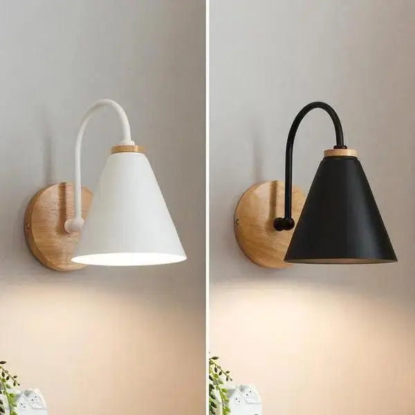 DecorBites™ modern nordic wall lamp with conical shade and curved arm available in white or black finish