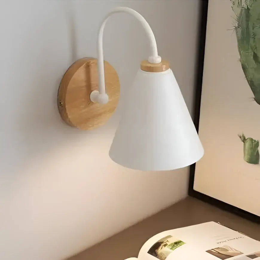 DecorBites™ modern nordic wall lamp with white conical lampshade and curved arm on round wooden base