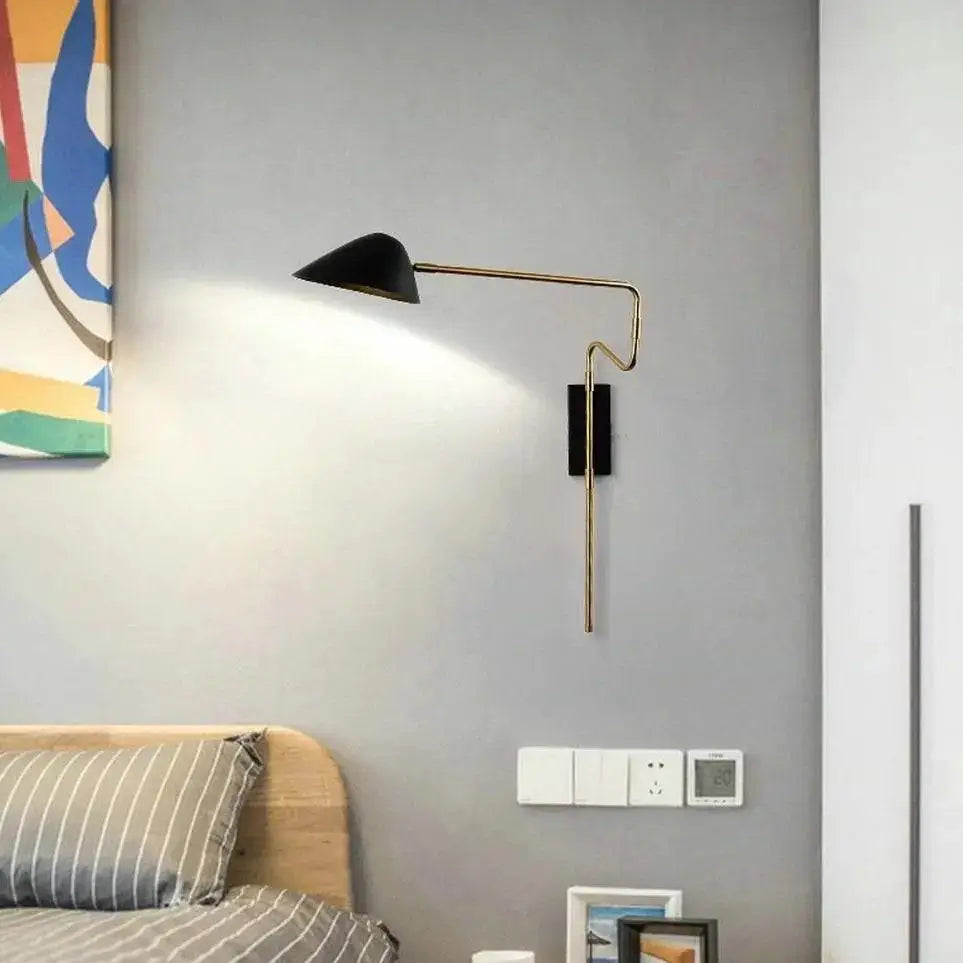 Black conical shade wall sconce with brass-finished articulated arm and rectangular plate decorbites modern nordic anneke wall sconce