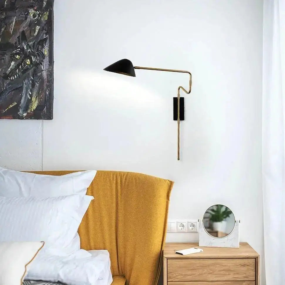 Decorbites modern nordic anneke wall sconce with black conical shade and brass articulated arm wall sconce