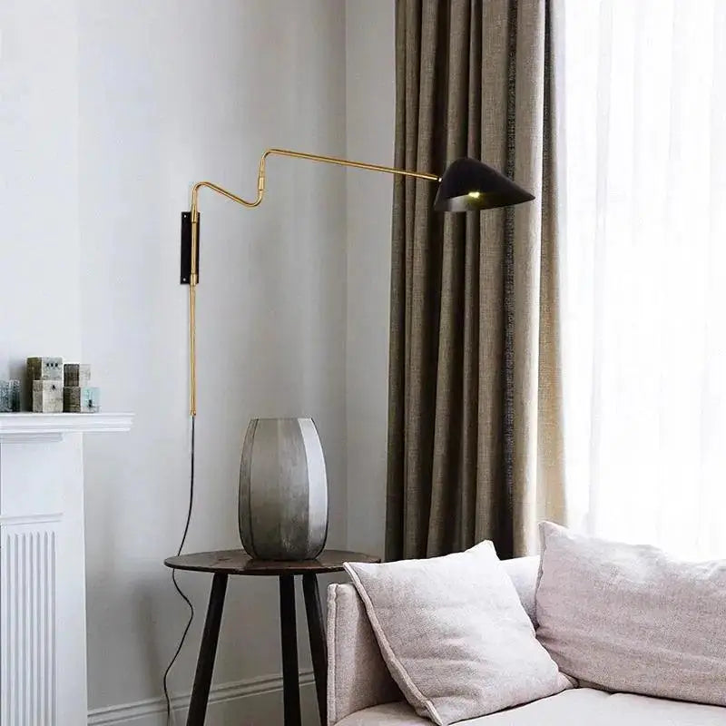 Decorbites modern nordic gold-toned anneke wall sconce with black conical shade and articulated arm wall sconce