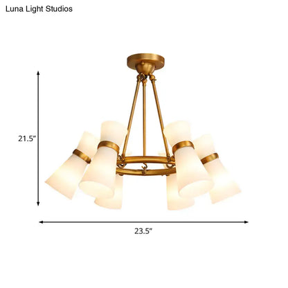 Gold-toned decorbites modern opal glass wide flare pendant chandelier with eight frosted shades and circular frame