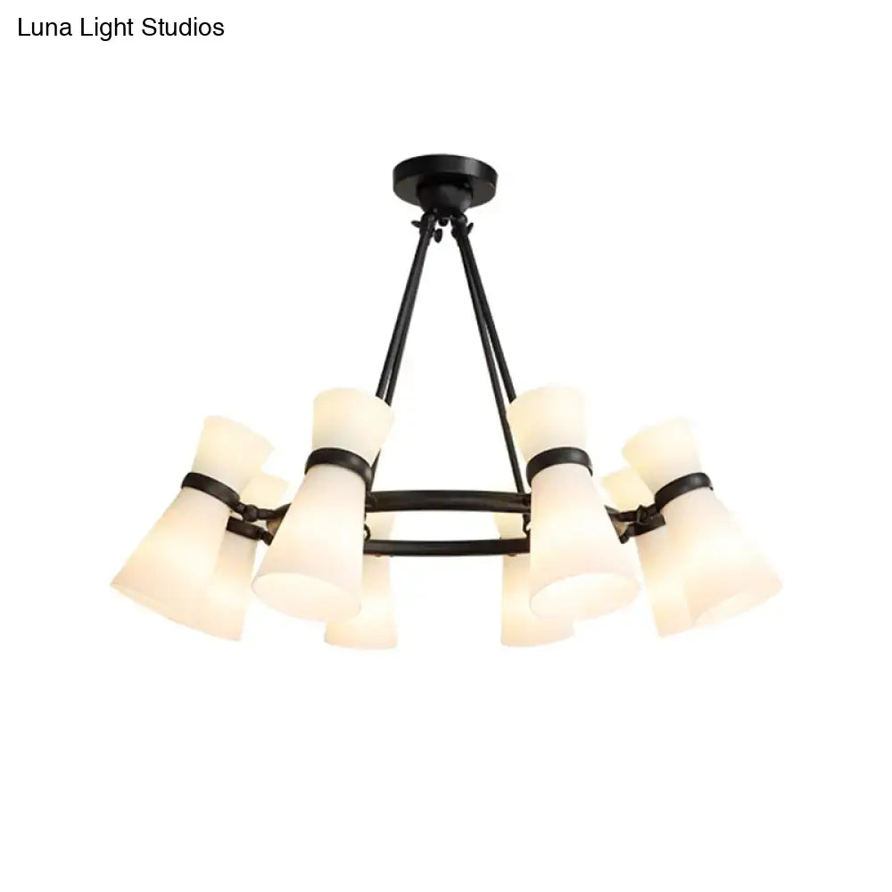 DecorBites™ modern black metal wide flare pendant chandelier with opal glass shades and 16 bulbs in black gold finish
