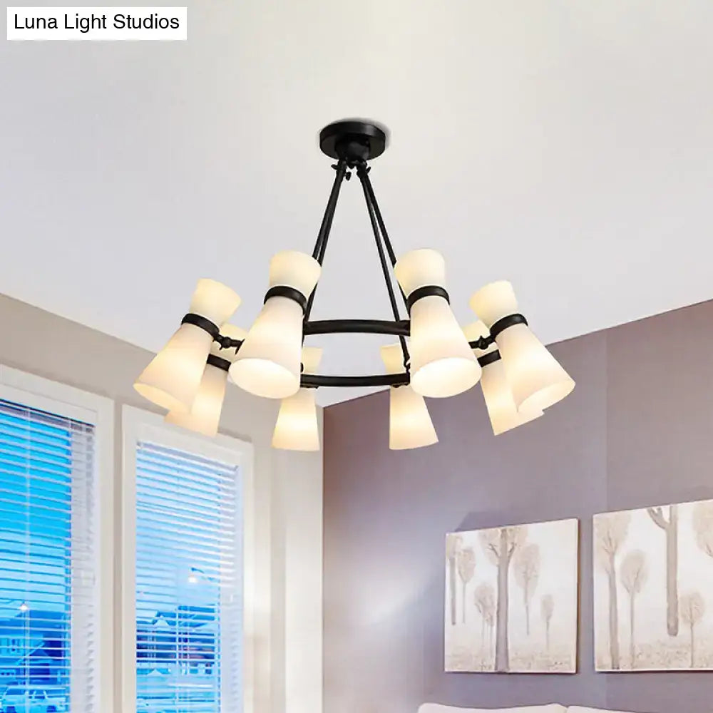 DecorBites™ modern black metal wide flare pendant chandelier with opal glass shades and 16 bulbs in gold accents