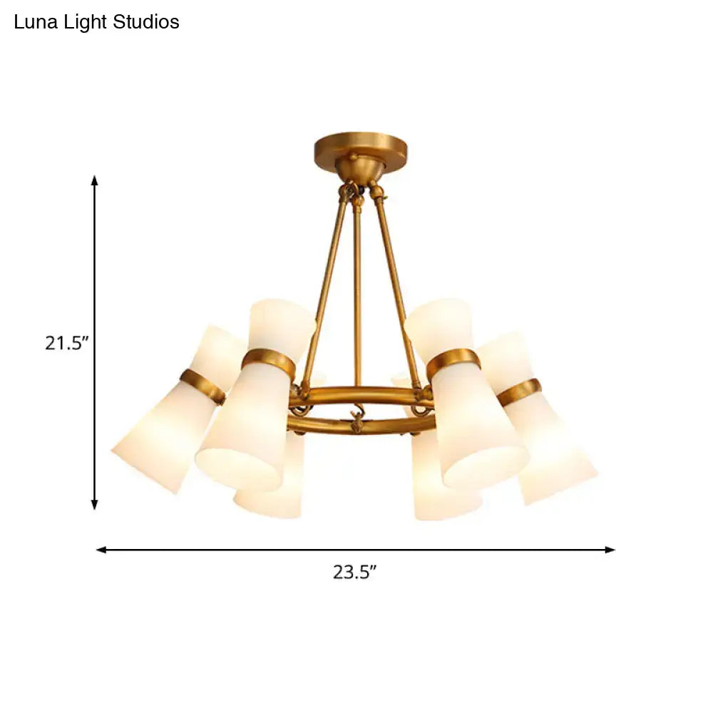 Decorbites™ modern opal glass wide flare pendant chandelier in gold tone with six frosted glass shades and circular frame