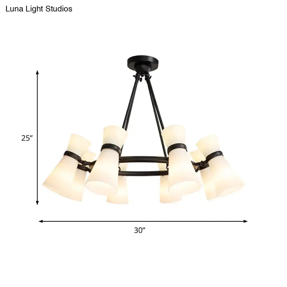 Black metal wide flare pendant chandelier with eight frosted glass shades for modern flare pendant lighting
