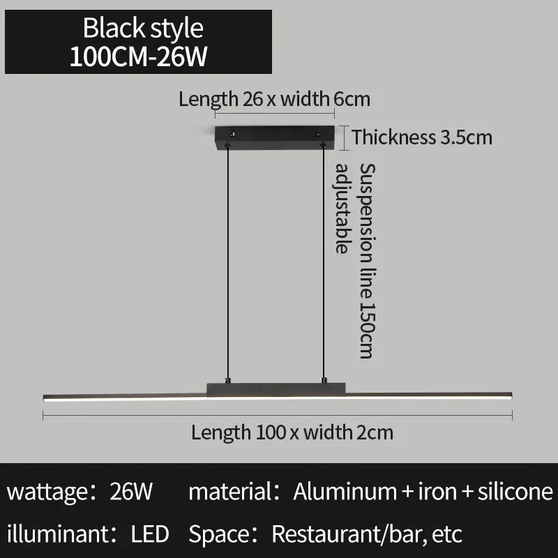 DecorBites™ black modern pendant light with sleek aluminum and iron frame 100cm long perfect for dining room lighting