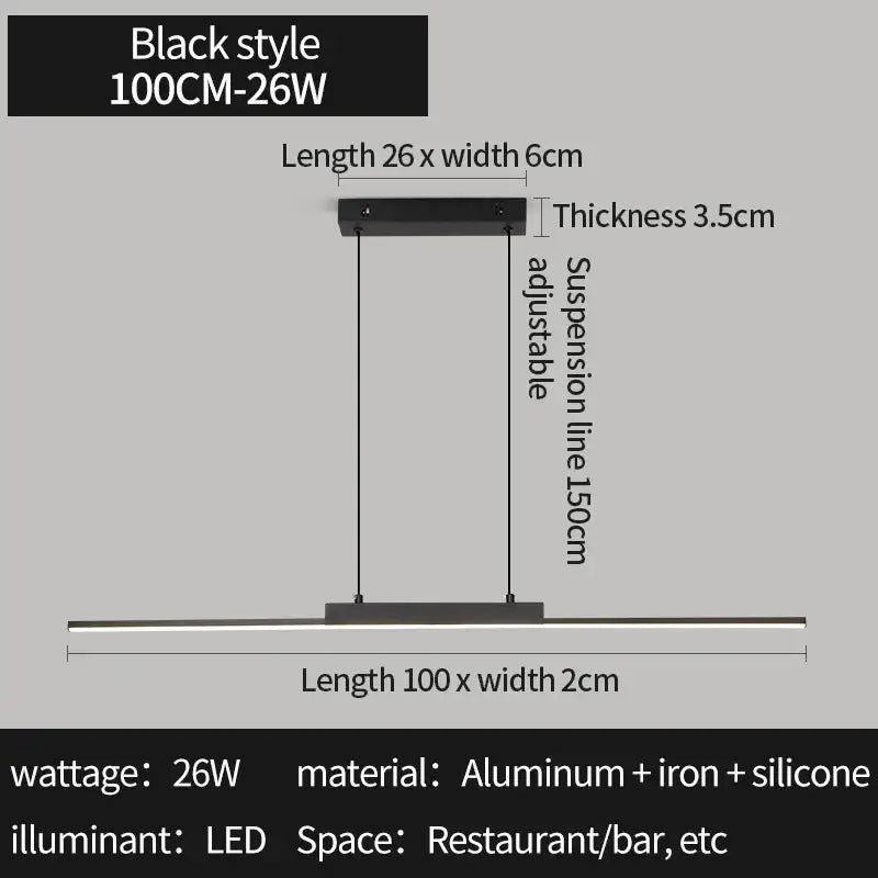 DecorBites™ black modern pendant light with sleek aluminum and iron frame 100cm long perfect for dining room lighting