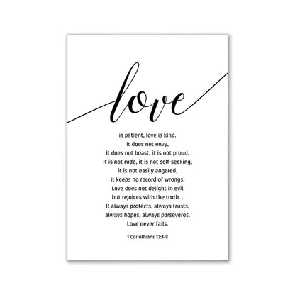 DecorBites™ modern pink aesthetic wall art featuring black calligraphy of love and 1 Corinthians on white background