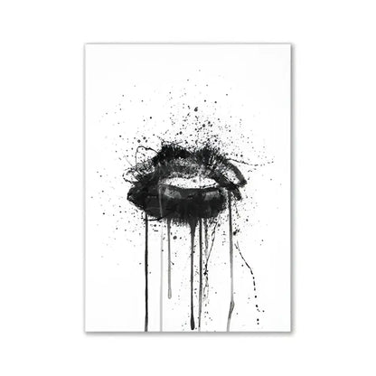 Black ink splatter wall art of lips with drips on white background for pink aesthetic room decor by decorbites™