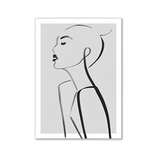 A minimalist black line drawing of a woman’s profile on light gray background framed in white for pink aesthetic wall art decor