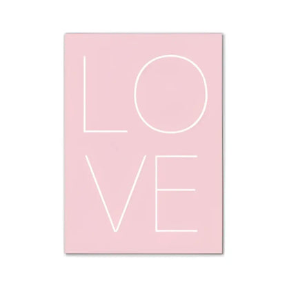 A minimalist pink aesthetic wall art poster by decorbites featuring love in clean white outline lettering