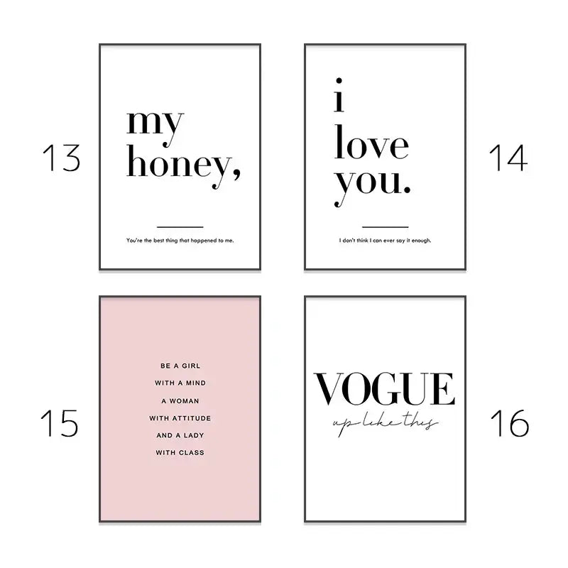Set of four minimalist DecorBites™ wall art prints with modern pink aesthetic featuring black text on blush and white backgrounds