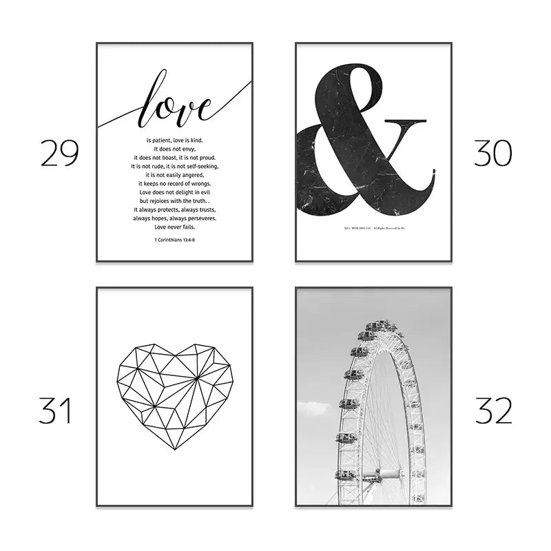 Set of four minimalist black and white framed wall art prints by DecorBites™ perfect for minimalist pink aesthetic decor