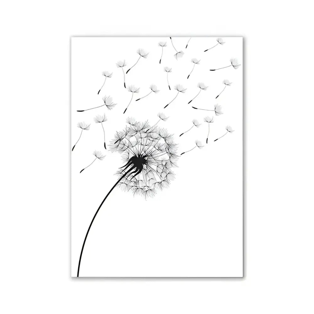 Black-and-white dandelion illustration with seeds blowing away in DecorBites™ modern pink aesthetic wall art poster