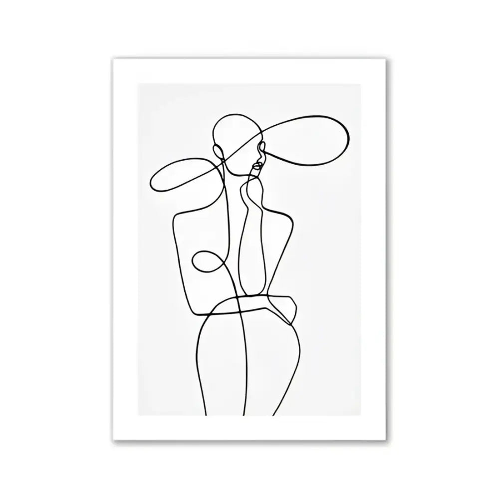 Black line art print of a stylized figure with oversized hat in minimalist pink aesthetic wall art by DecorBites