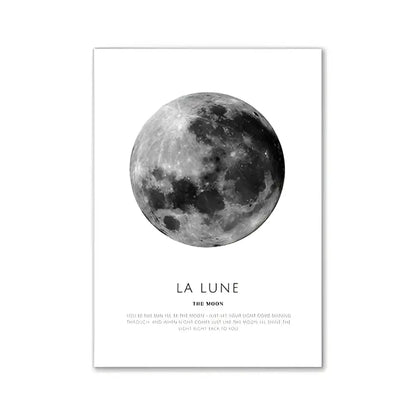 Decorbites™ modern pink aesthetic wall art poster featuring minimalist black and white moon art with text la lune the moon