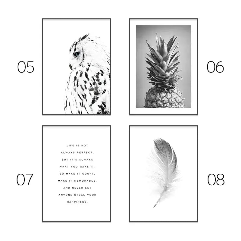 Decorbites modern pink aesthetic wall art posters with black and white framed owl pineapple feather and inspirational text prints