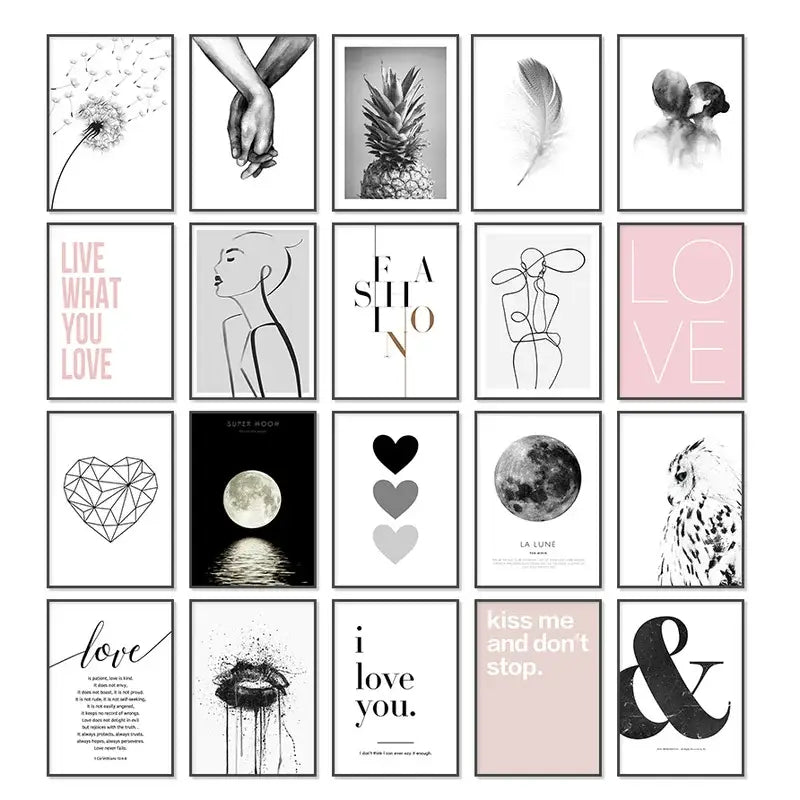 A collection of minimalist pink aesthetic wall art posters featuring black and white and pastel romantic abstract designs