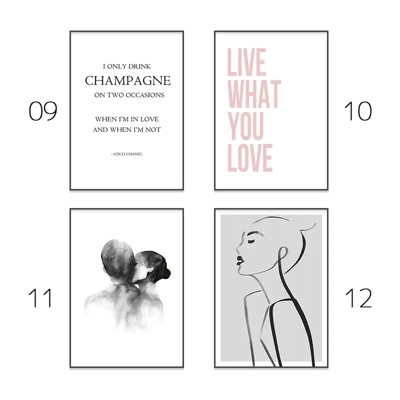 Minimalist black-framed wall art prints with elegant typography and monochrome illustrations for pink aesthetic decor