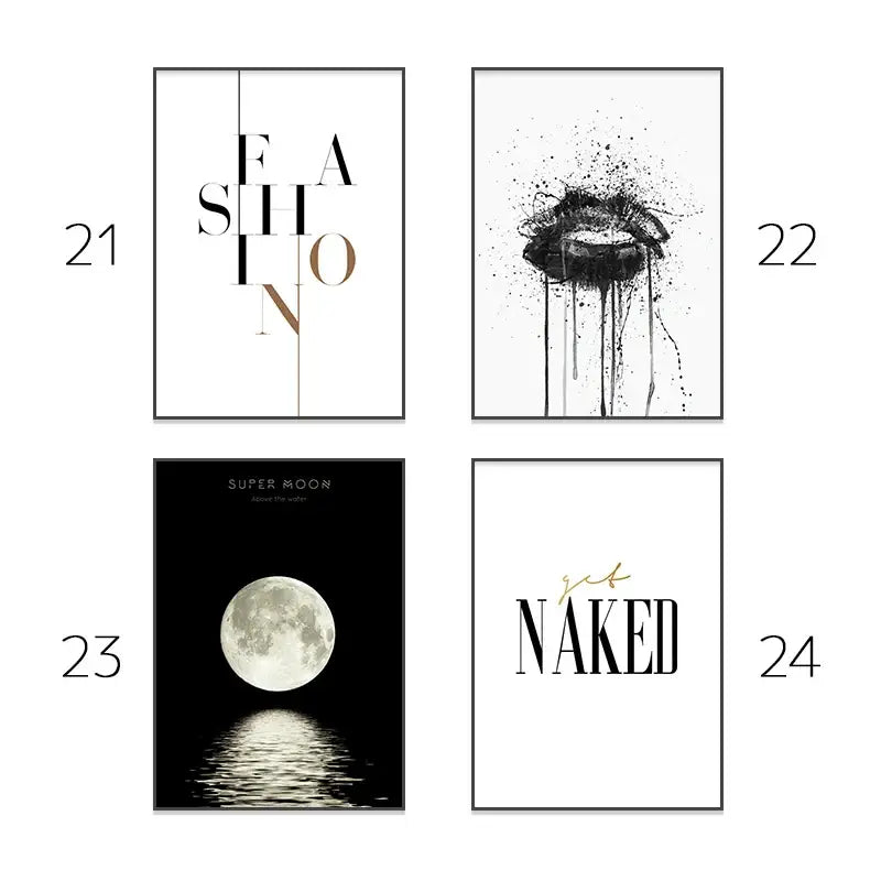 Decorbites™ modern pink aesthetic wall art posters featuring minimalist black and white framed prints with typography lips and super moon designs